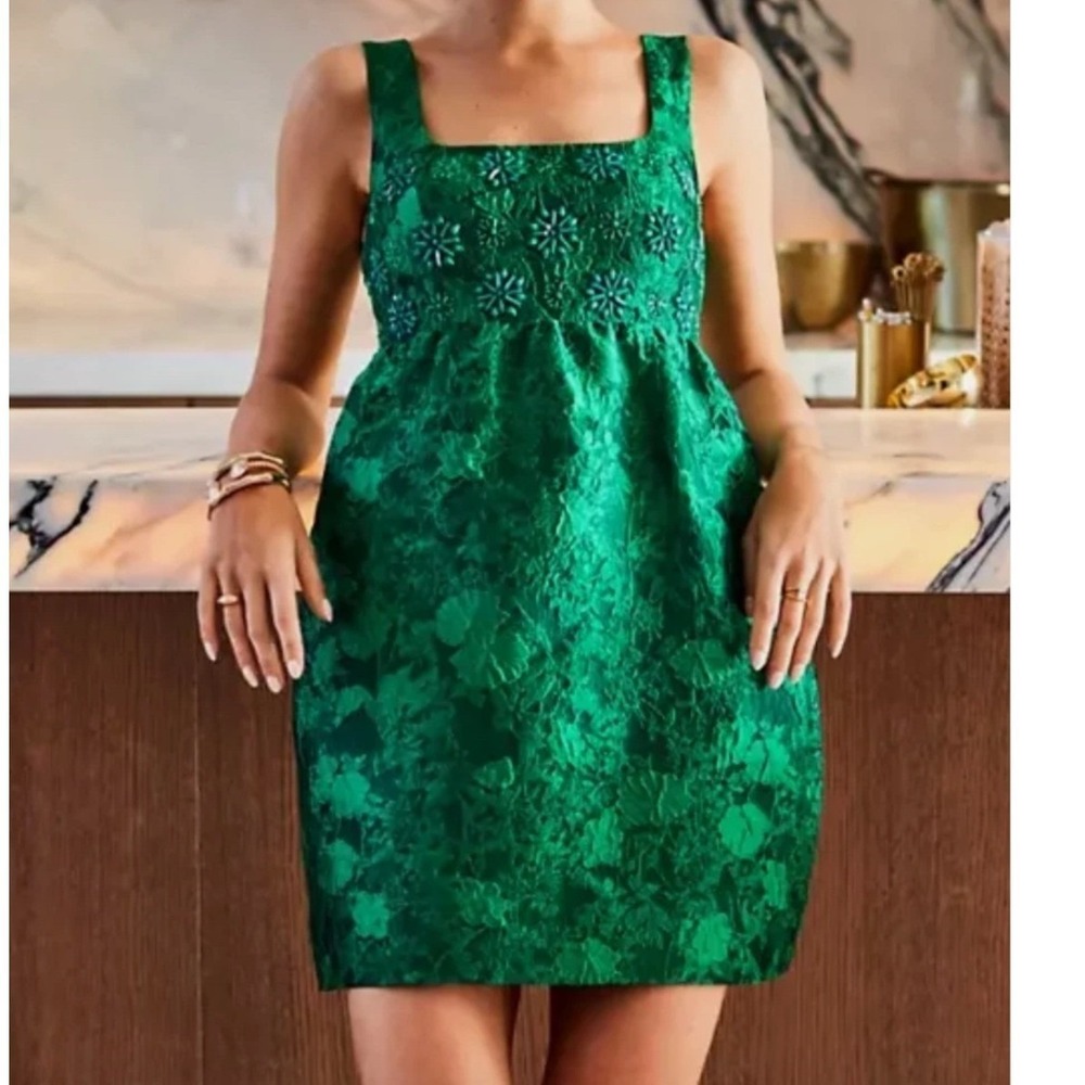 LILLY PULITZER Bellami Embellished Floral Jacquard Dress Kelly Green Leaf Luxe